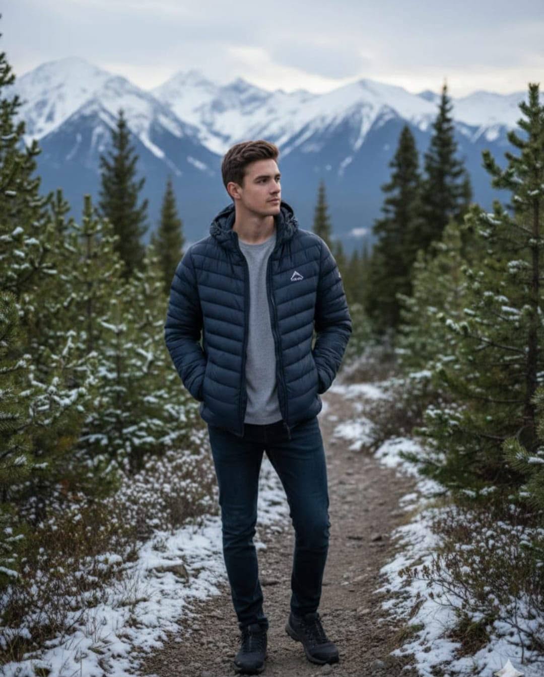 Model wearing a navy puffer jacket outdoors
